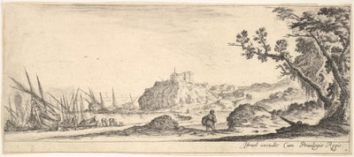 Plate 7: forskjellige båter på land til venstre, en mann som bærer en bag, sett bakfra og..., ca. 1641. av Stefano della Bella