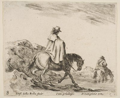 Plate 8: en rytter går ned en elvebredd, en annen rytter i elva til høyre, fra ..., ca. 1644-47. av Stefano della Bella