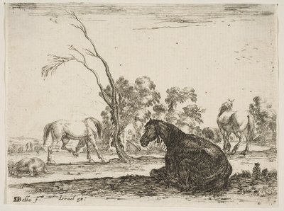 Plate 8: en sittende hest til høyre, sett bakfra og vendt mot venstre, tre andre hor..., 1642. av Stefano della Bella