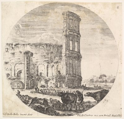Plate 8: Colosseum, to flokker blir rettet mot amfiteateret i fo..., ca. 1643-48. av Stefano della Bella