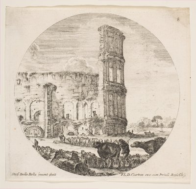 Plate 8: Colosseum, to flokker blir rettet mot amfiteateret i forkant..., ca. 1646. av Stefano della Bella