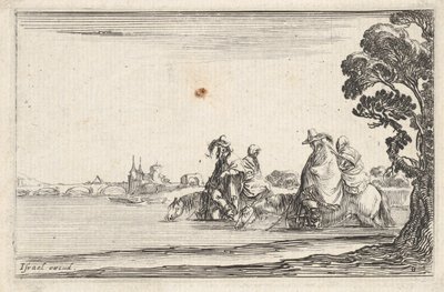Plate 8: to ryttere med hatter til høyre, hver med en kvinne bak seg, som rir på..., ca. 1642. av Stefano della Bella