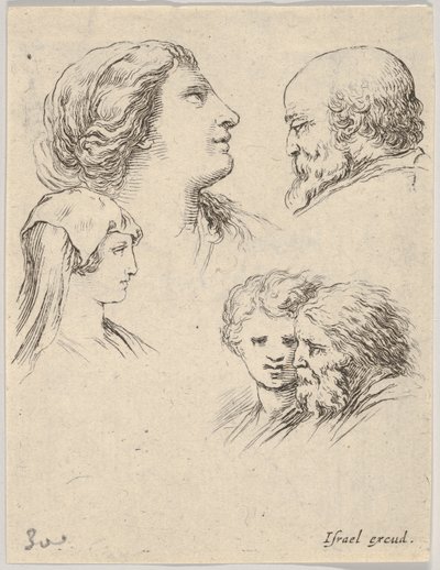 Plate 9: fem hoder, to unge kvinner til venstre, en skjeggete mann øverst til høyre, en ung kvinne, ca. 1649. av Stefano della Bella