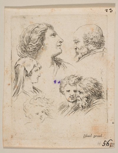 Plate 9: fem hoder, to unge kvinner til venstre, en skjeggete mann øverst til høyre, en ung kvinne, ca. 1649. av Stefano della Bella