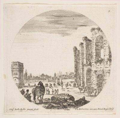 Plate 9: Konstantinbuen til venstre, en del av Colosseum til høyre, forskjellige hors..., ca. 1646. av Stefano della Bella