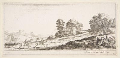 Plate 9: to ryttere til venstre galopperende oppover mot høyre, en hest og sittende m..., ca. 1641. av Stefano della Bella
