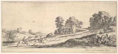 Plate 9: to ryttere til venstre galopperende oppover mot høyre, en hest og sittende m..., ca. 1641. av Stefano della Bella