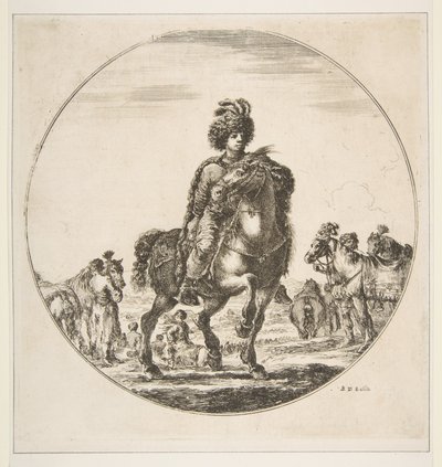 Polsk rytter vendt mot høyre, en sirkulær komposisjon, fra Figures on Horseback Cav..., ca. 1651. av Stefano della Bella