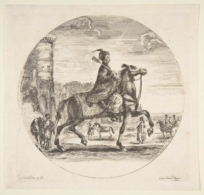 Polsk rytter i profil mot høyre, et tårn og andre figurer på hester i bakgr..., ca. 1651. av Stefano della Bella