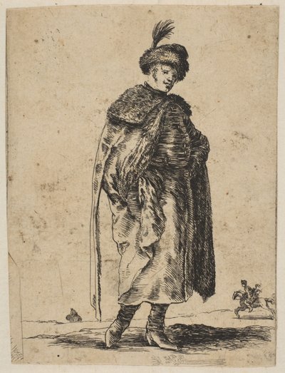 Polsk mann med bart iført pelsfrakk og hatt med fjær, ca. 1648. av Stefano della Bella