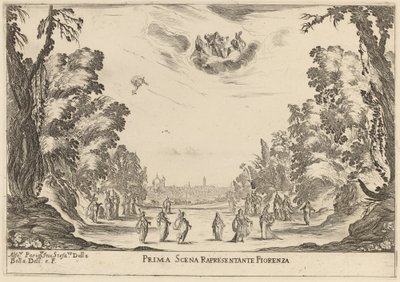 Første scene Reprezentanta Firenze, 1637. av Stefano della Bella