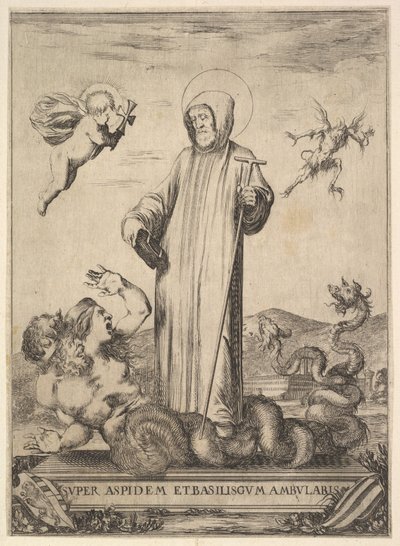 Saint Jean Gualbert tråkker et monster med to menneskehoder og en slangekropp, en flyi..., 1640. av Stefano della Bella