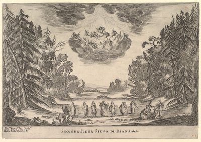 Andre scene, i Dianas skog, fra gudenes ekteskap Le nozze degli Dei, 1637. av Stefano della Bella