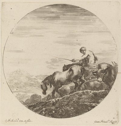 Hyrde på en hest som driver en flokk med forskjellige dyr. av Stefano della Bella