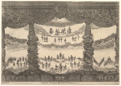 Sjette scene, himlene, fra gudenes ekteskap Le nozze degli Dei, 1637. av Stefano della Bella