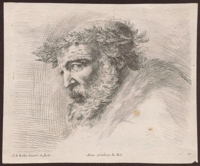 Studie av hodet til en skjeggete gammel mann med laurbærkrans, i profil, vendt mot venstre, fra serien Principii del disegno av Stefano della Bella