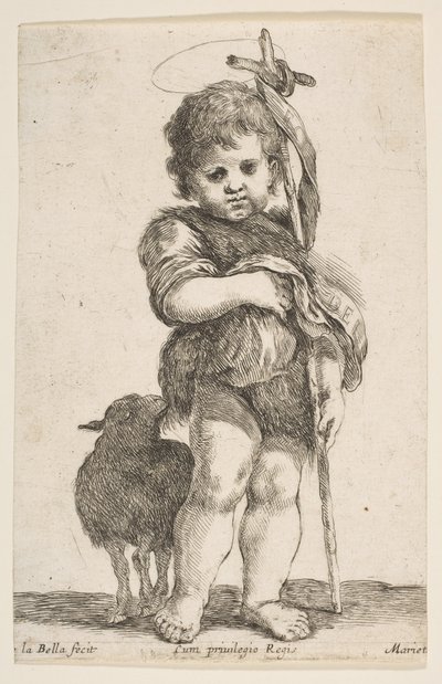 Spedbarnet St. Johannes døperen holder opp kappen, ca. 1649. av Stefano della Bella
