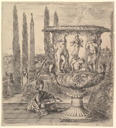 Medici-vasen, en stor vase til høyre dekorert med en representasjon av offeret til..., 1656. av Stefano della Bella