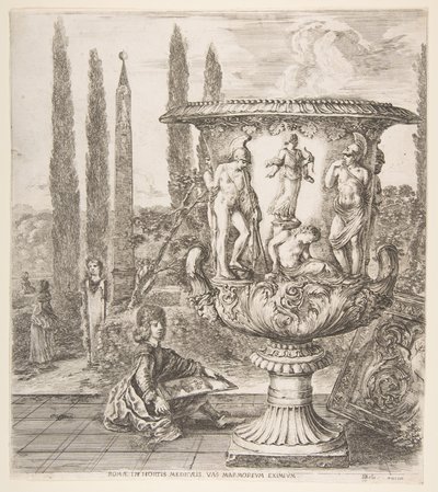 Medici-vasen, en stor vase til høyre dekorert med en representasjon av offeret til..., 1656. av Stefano della Bella