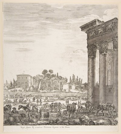 Søylene til Antoninus-tempelet til høyre, en del av Campo Vaccino i sentrum og..., 1656. av Stefano della Bella