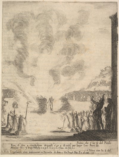 Ildprøven, munken Peter, disippelen Saint John Gualbert, som gikk gjennom fl..., 1640. av Stefano della Bella
