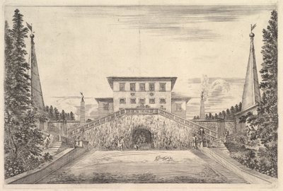 Villaen i midten flankert av fire obelisker, en trapp til hver side, en statue i ..., ca. 1653. av Stefano della Bella