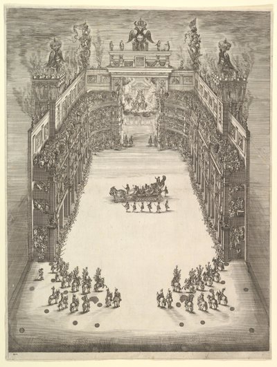 Teater i Modena, sett ovenfra og fylt med tilskuere, med en triumfbil på c..., 1652. av Stefano della Bella