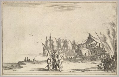 Tre menn med hatter som står i midten, menn som fester et skip til høyre, fem skip og vari..., 1639. av Stefano della Bella
