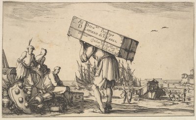 Tittelside: en mann som bærer en sak på ryggen i midten, tre menn ser mot ham på ..., 1639. av Stefano della Bella