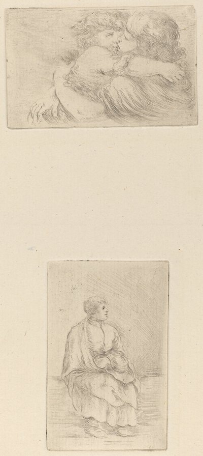 To barn som omfavner [øvre halvdel]; Sittende Prediker [nedre halvdel] av Stefano della Bella