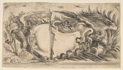 To forskjellige halvdeler av kartusjer som hver viser en ørn som kjemper mot en slange, 1646. av Stefano della Bella