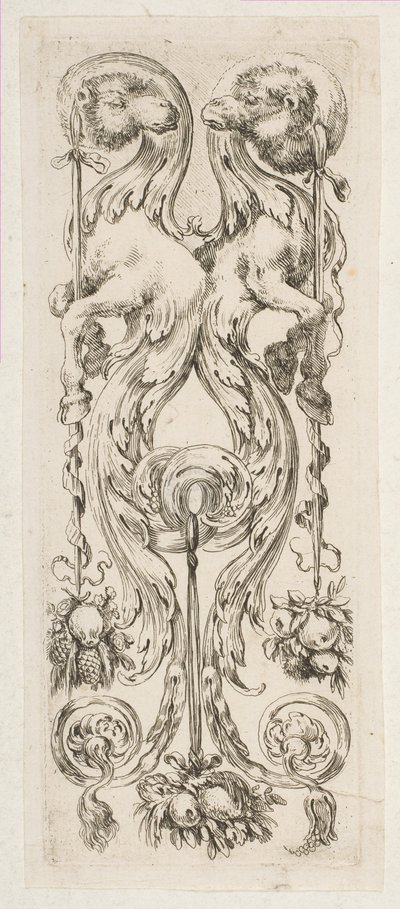 To motstående kamelhoder med kropper som avsluttes i ornament, ca. 1653. av Stefano della Bella