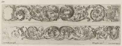 To dekorative bånd med motstående hoder av løve og ørn, og to værer, sannsynligvis 1648. av Stefano della Bella