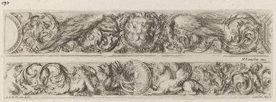 To dekorative band med hodet til en løve og en kvinne, sannsynligvis 1648. av Stefano della Bella