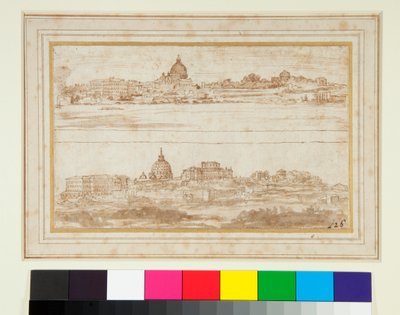 To utsikter over Roma med Vatikanet (penn og brunt blekk og brun vask) av Stefano della Bella