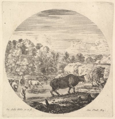 To kyr i sentrum, etterfulgt av to bondekvinner og andre kyr i elva til le..., ca. 1643-48. av Stefano della Bella