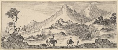To ryttere går ned en bakke i sentrum, følger en annen mann til fots, et slott i ..., ca. 1641. av Stefano della Bella