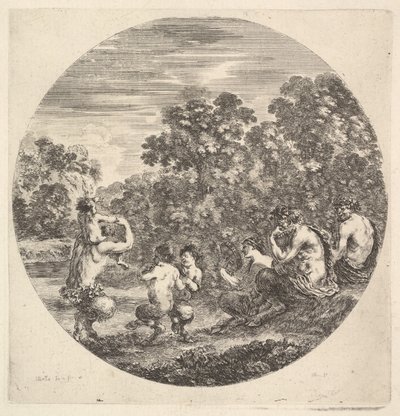 To satyrer og en faun sitter til høyre og ser på to barnesatyrer og en annen satyr med..., ca. 1643-48. av Stefano della Bella