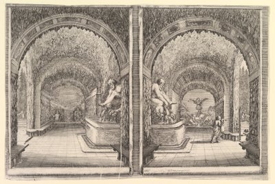 To utsikt over en grotte, begge utsikt med en fontene med en sittende statue, sett fra ..., ca. 1653. av Stefano della Bella