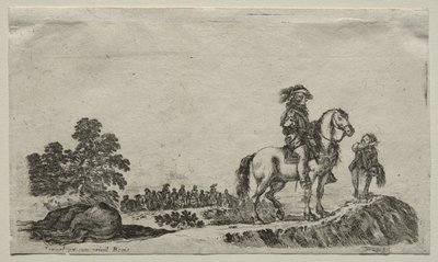 Ulike figurer og landskap: A Lost Horseman Inquiring the Way, 1649. av Stefano della Bella