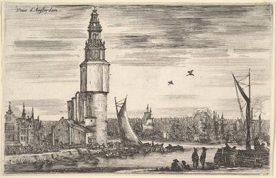 Utsikt over Amsterdam Vue dAmsterdam, et tårn og hus til venstre, menn som står på brygga ..., 1647. av Stefano della Bella