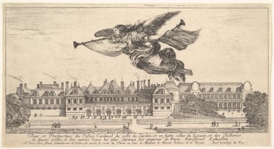Utsikt over Palais Cardinal, berømmelsesfiguren øverst i midten som flyr mot venstre a..., 1649-51. av Stefano della Bella
