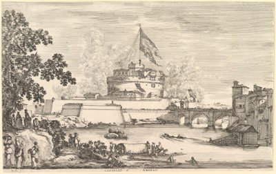 Utsikt over Tiber-elven, et stort tre til venstre, to grupper kvinner til venstre i forgrunnen..., ca. 1656. av Stefano della Bella