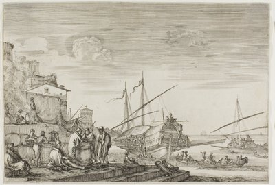 Utsikt over havnen i Livorno: Hus med utsikt over en havn av Stefano della Bella