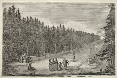 Utsikt over villaen Pratolino: Fontenenes promenade. av Stefano della Bella