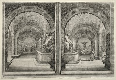 Utsikt over villaen Pratolino: To utsikter over grotten. av Stefano della Bella