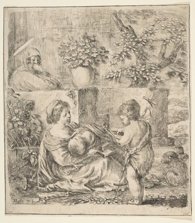 Jomfru og barn med døperen Johannes og St. Elizabeth, ca. 1641. av Stefano della Bella