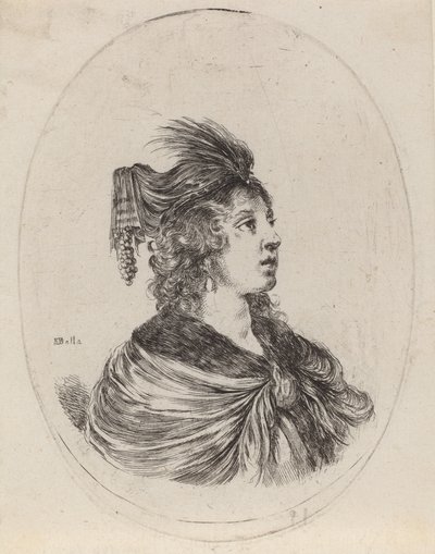Kvinne i en fjærkledd turban, vendt mot høyre, 16491650. av Stefano della Bella