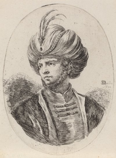 Young Moor med et lite skjegg og fjærkledd turban, vendt mot venstre, 1650. av Stefano della Bella