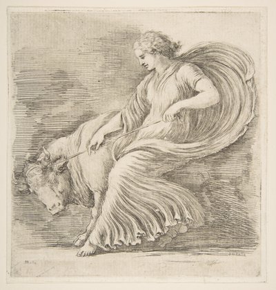 Ung kvinne prøver å stoppe en okse, ca. 1660. av Stefano della Bella